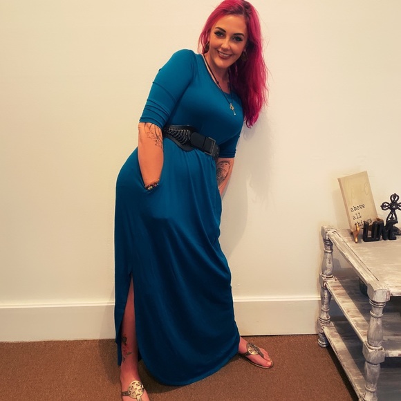 TEAL BLUE 3/4 sleeve maxi dress with pockets M L XL - Picture 6 of 7